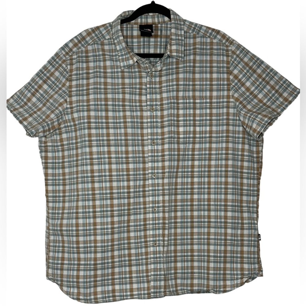The North Face Button Up Shirt Mens Size XXL Brown/blue Plaid Short Sleeve